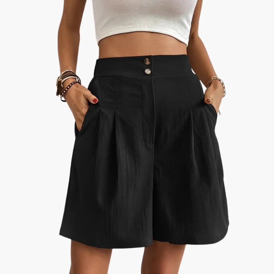 Women's Stretch Cargo Shorts by Wilfred Smith, black with elastic waist and pockets