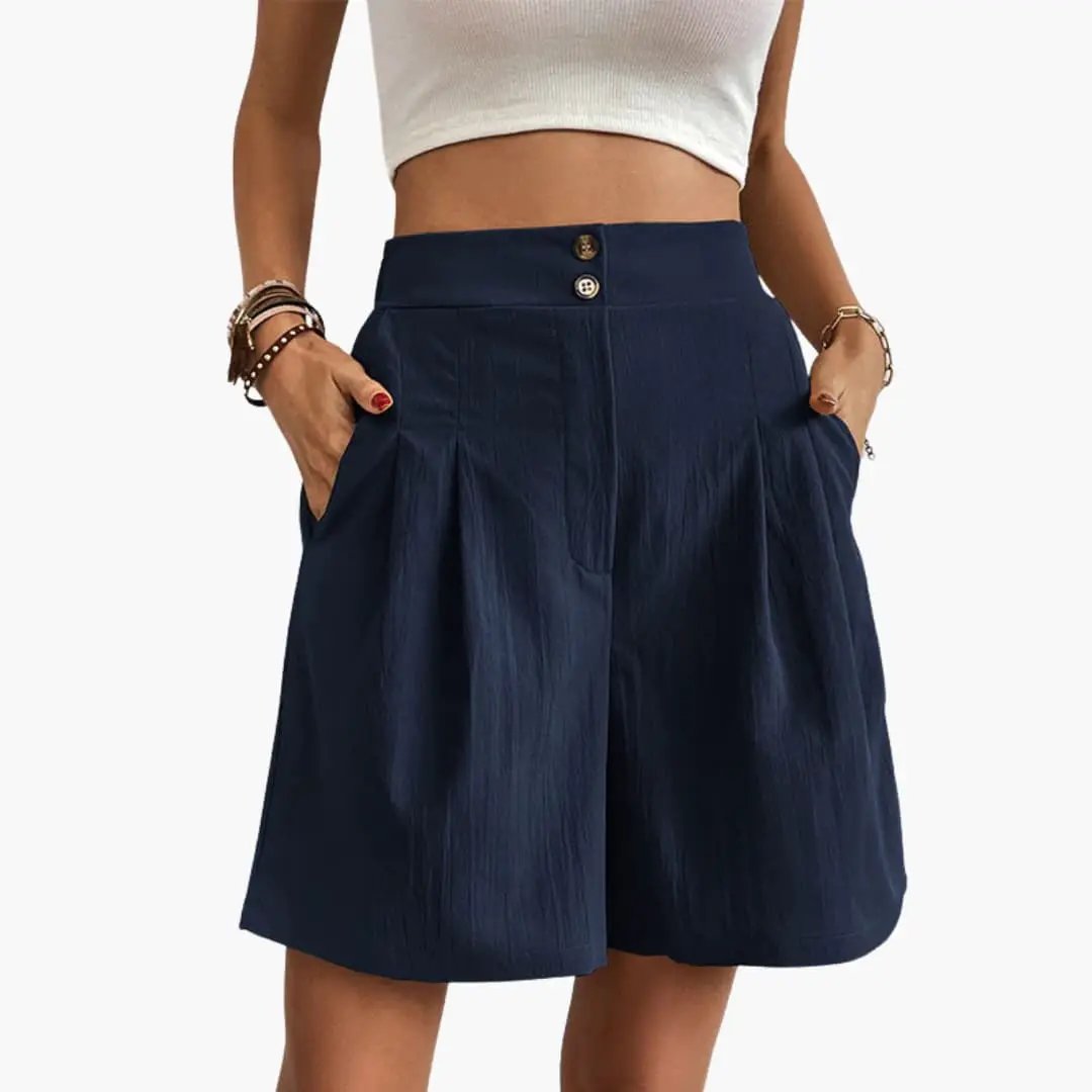 Women's navy stretch cargo shorts with pockets and elastic waist
