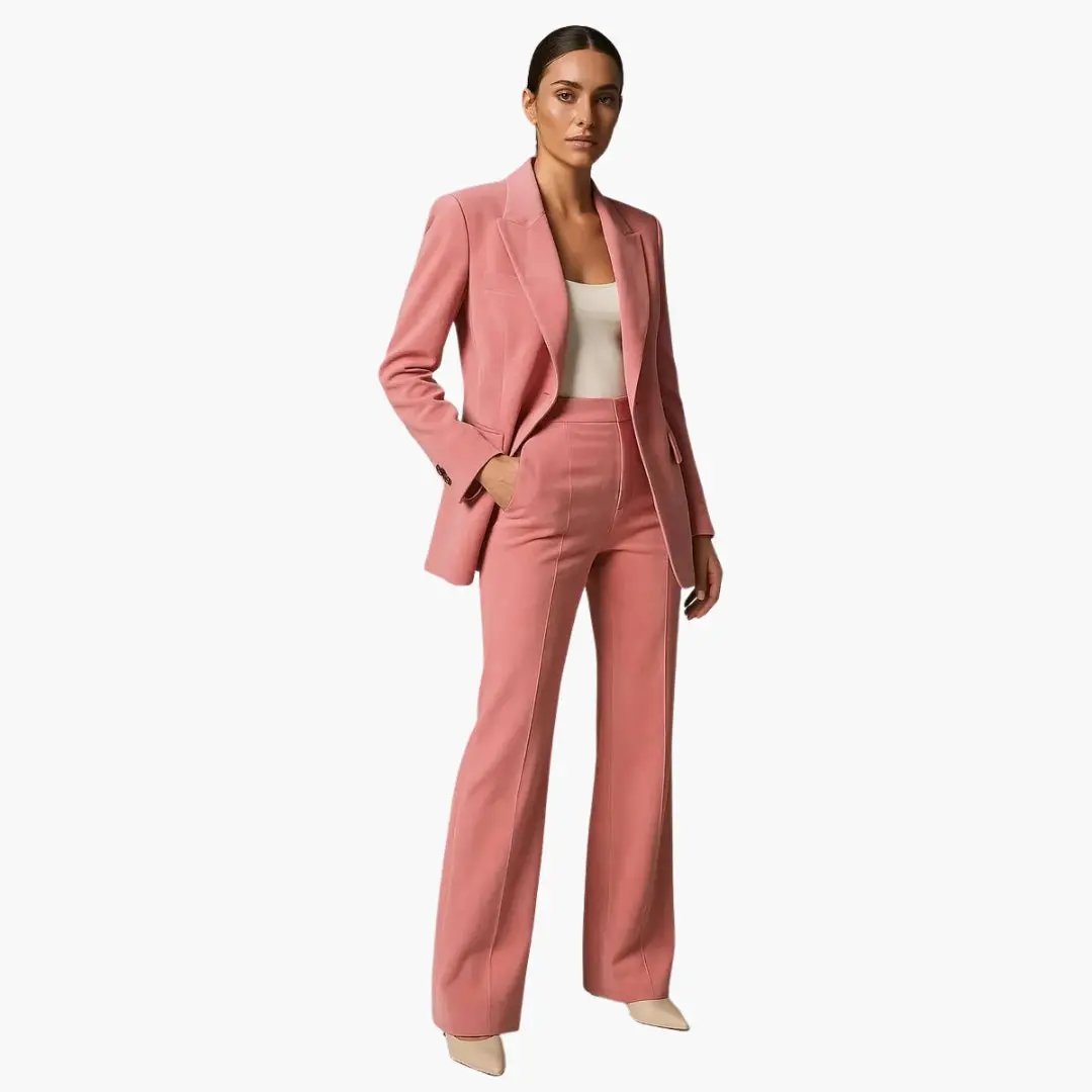 Women's pink Wilfred Smith summer suit set with blazer and wide-leg trousers.