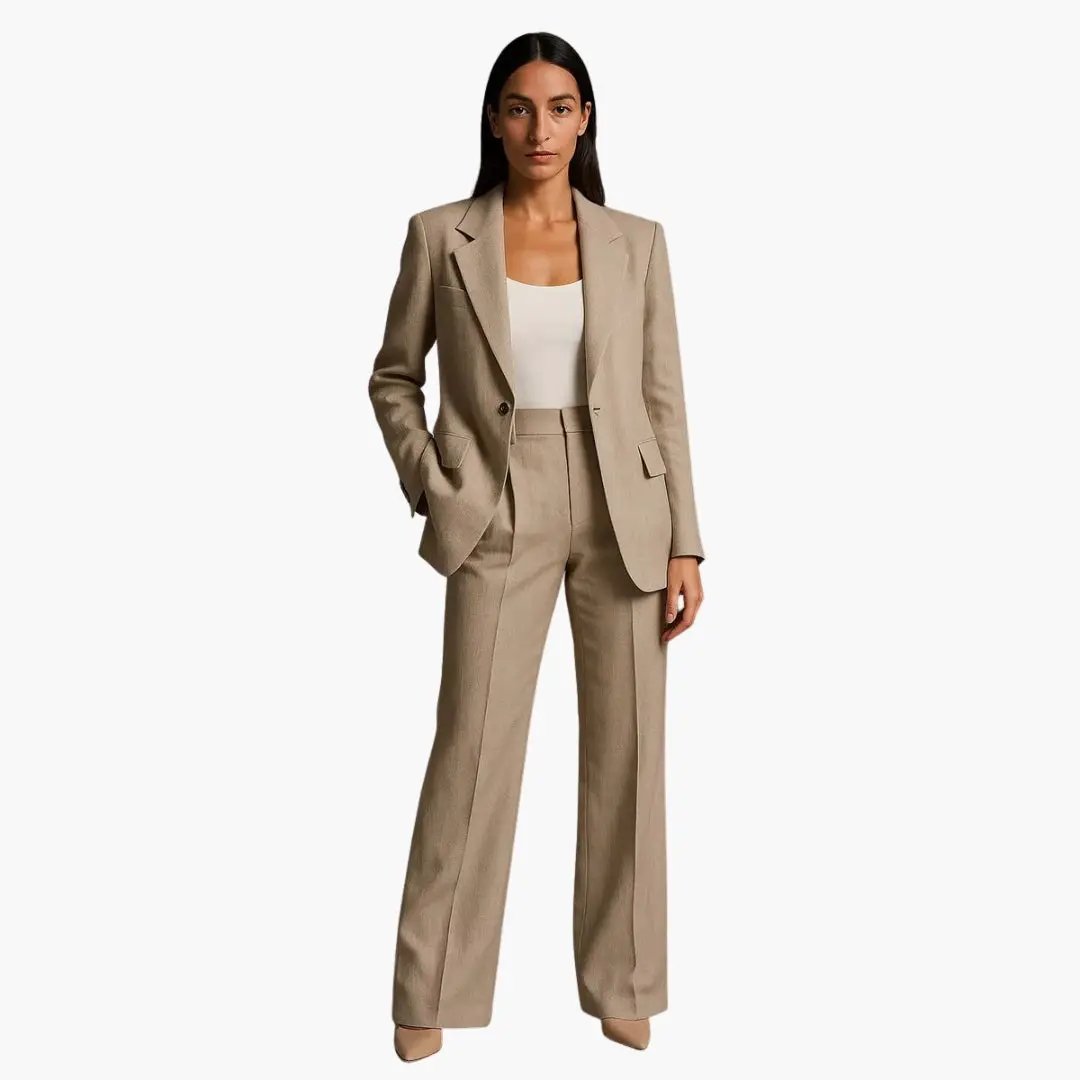 Wilfred Smith women's beige blazer and wide-leg trousers summer suit set, two-piece