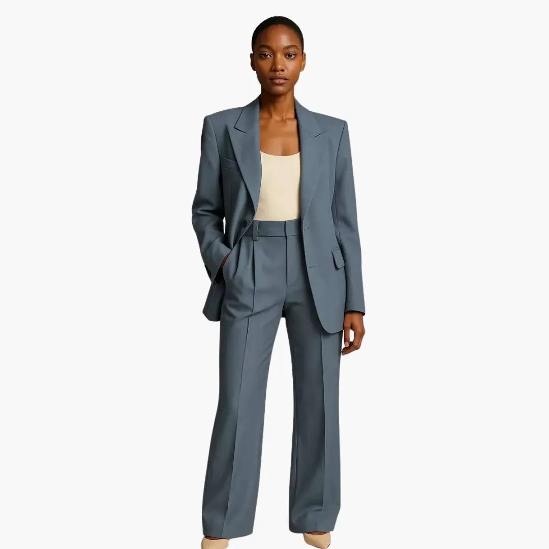 Women's Summer Suit Set with Blazer and Wide Leg Trousers in blue-gray.