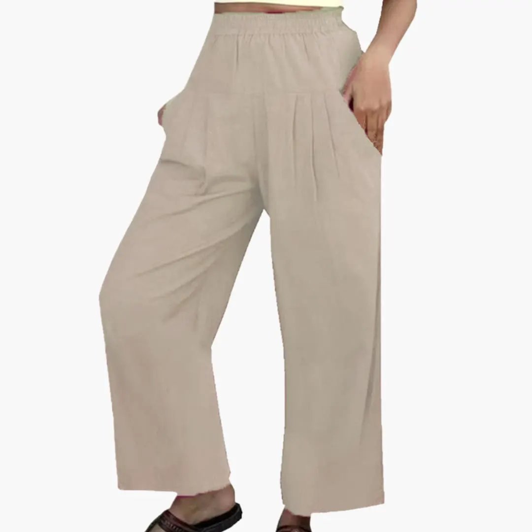 Wilfred Smith Women's pants, beige wide-leg summer pants with elastic waist and pleated front