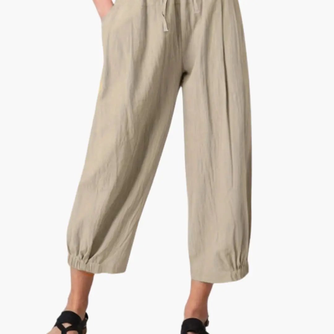Women's summer pants with elastic waistband and cuffed hems in beige.