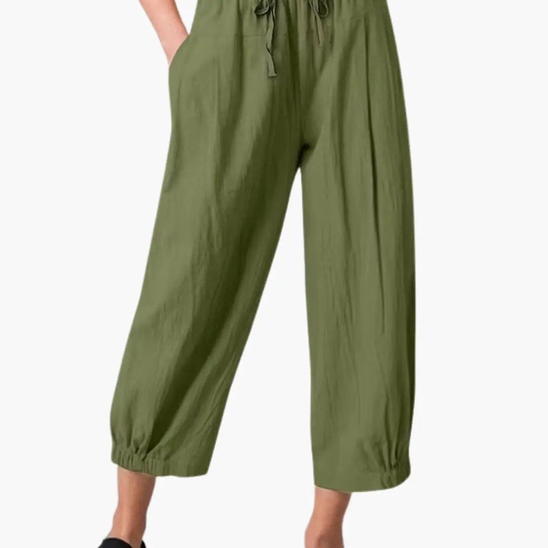 Women's Summer Pants in olive green with elastic waistband and cuffed hems, loose fit