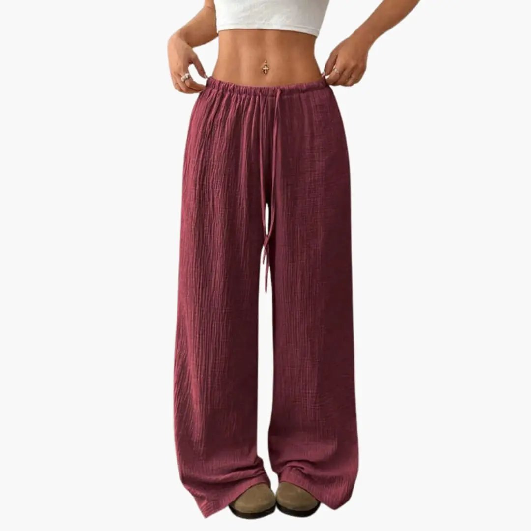 Women’s wide-leg pull-on full-length trousers by Wilfred Smith in maroon with elastic waist