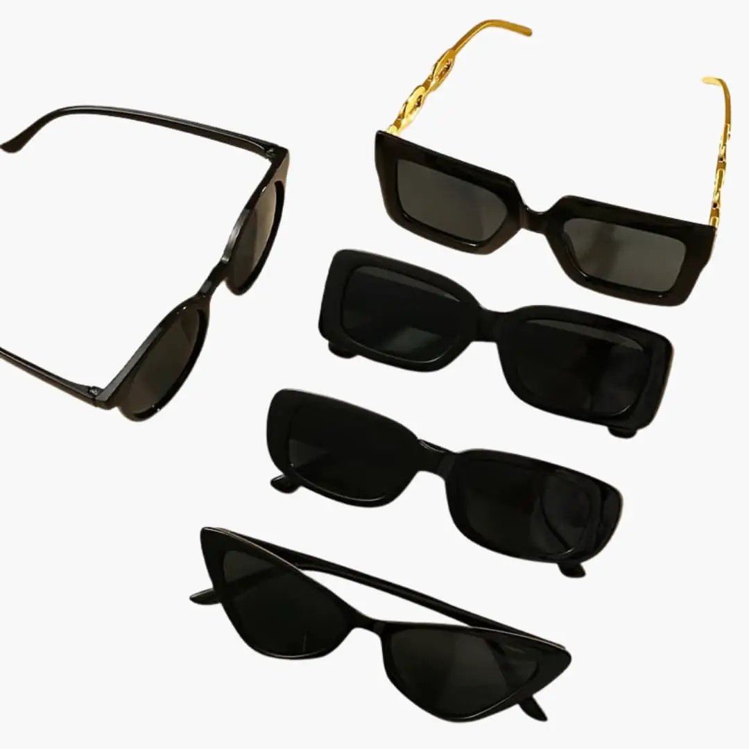 Women's Sunglasses Set: five black frames with polycarbonate lenses; one pair has gold-toned temples