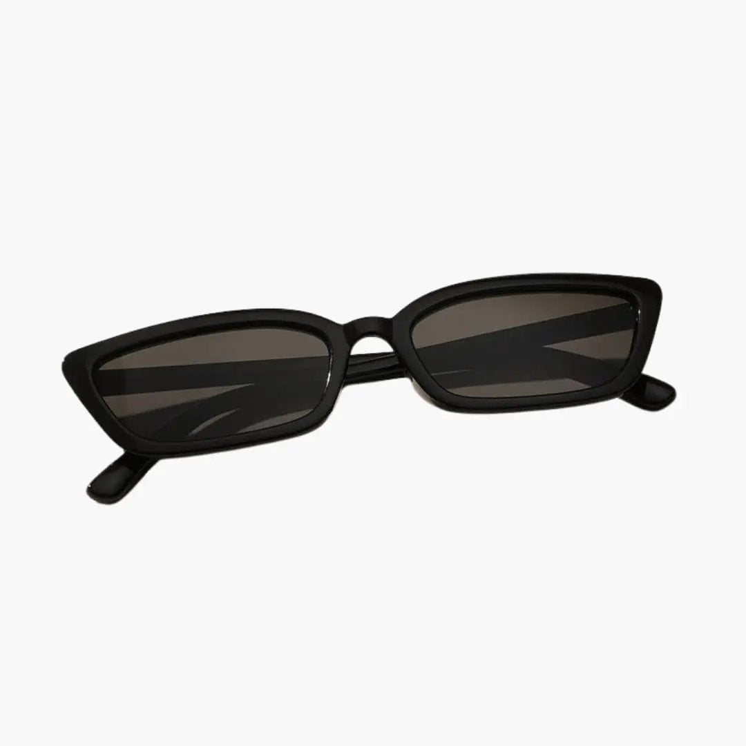 Women's sunglasses by Wilfred Smith, rectangular black frame with brown UV400 lenses