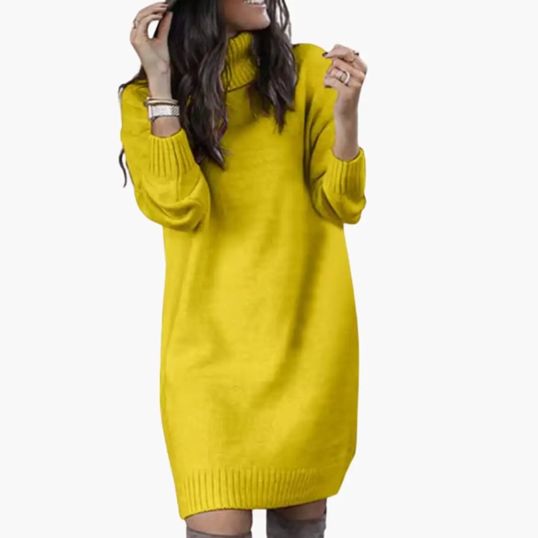 Women's sweater dress with collar neckline in bright yellow, long sleeves, knee-length