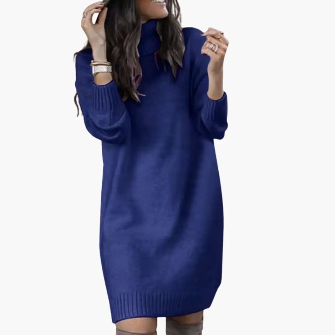 Women’s sweater dress in royal blue with collar neckline and long sleeves, knee-length