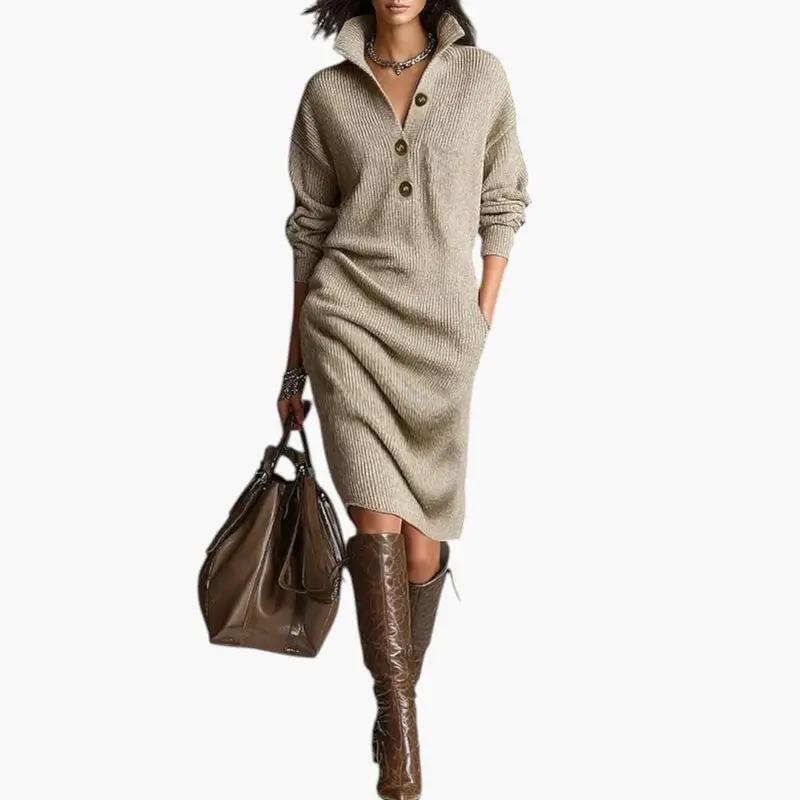 Women's beige ribbed-knit sweater dress with button neckline, styled with knee-high brown boots and handbag