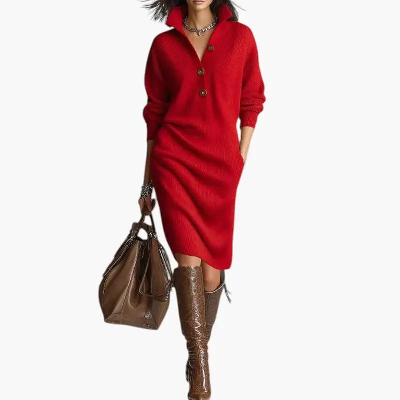 Women's sweater dress in red ribbed-knit with button neckline by Wilfred Smith; handbag and brown knee-high boots