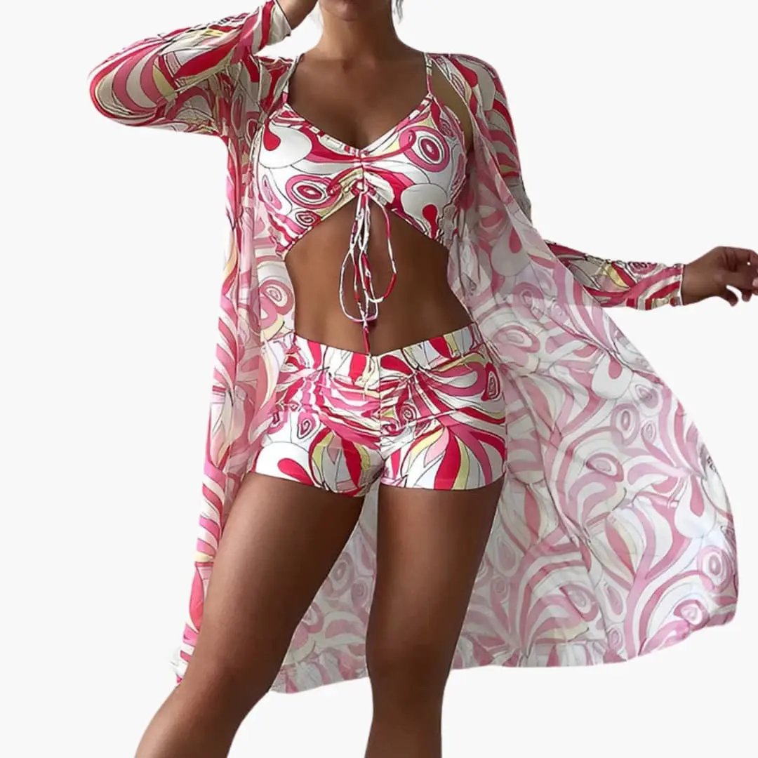 Women’s Swirl Print One-Piece Swimsuit with Front Overlay Panel in pink by Wilfred Smith