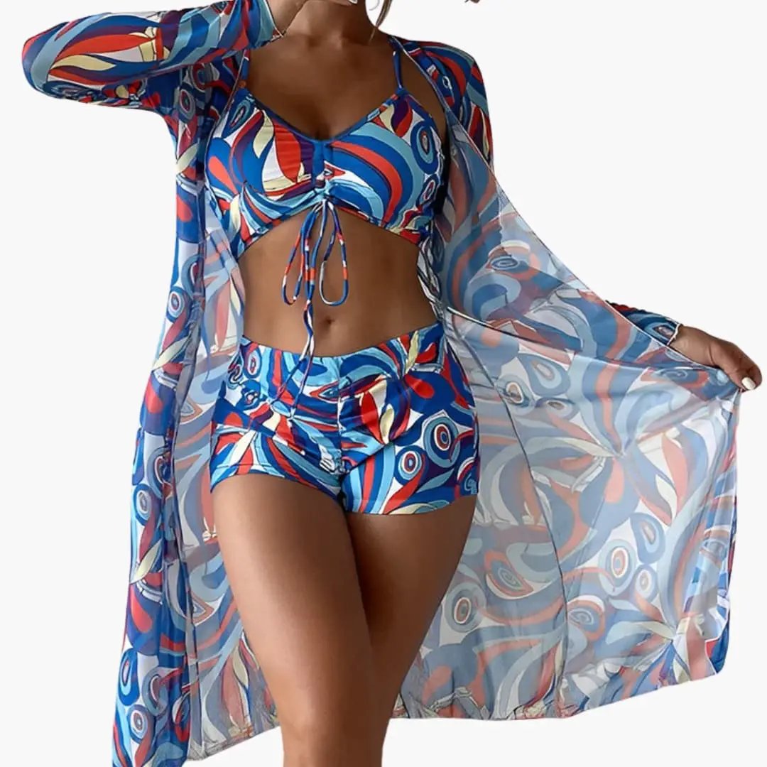 Women’s Swirl Print One-Piece Swimsuit with Front Overlay Panel by Wilfred Smith in blue and red swirl pattern