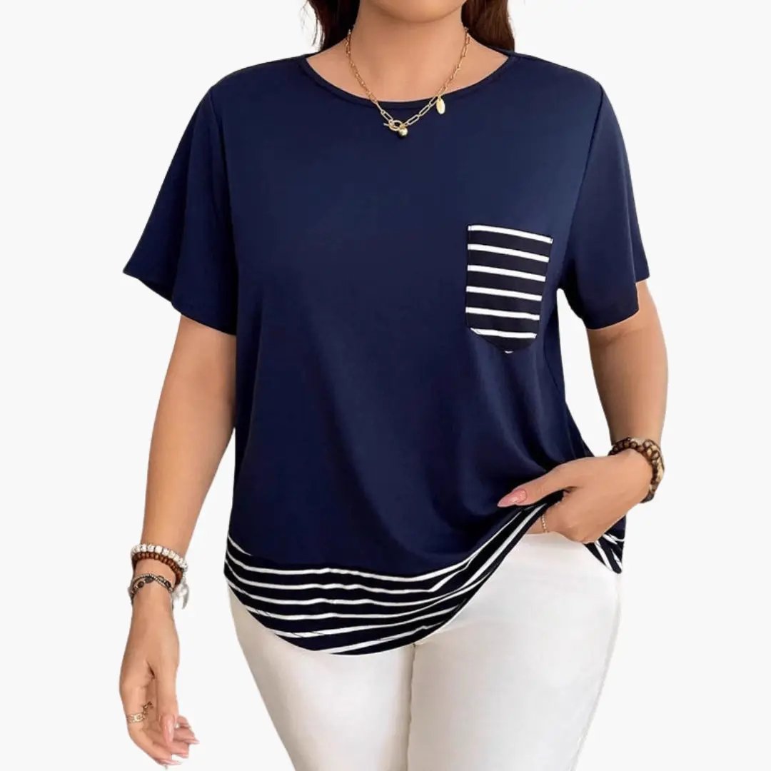 Women's T-Shirt in navy with chest pocket and striped hem, Wilfred Smith, short sleeves