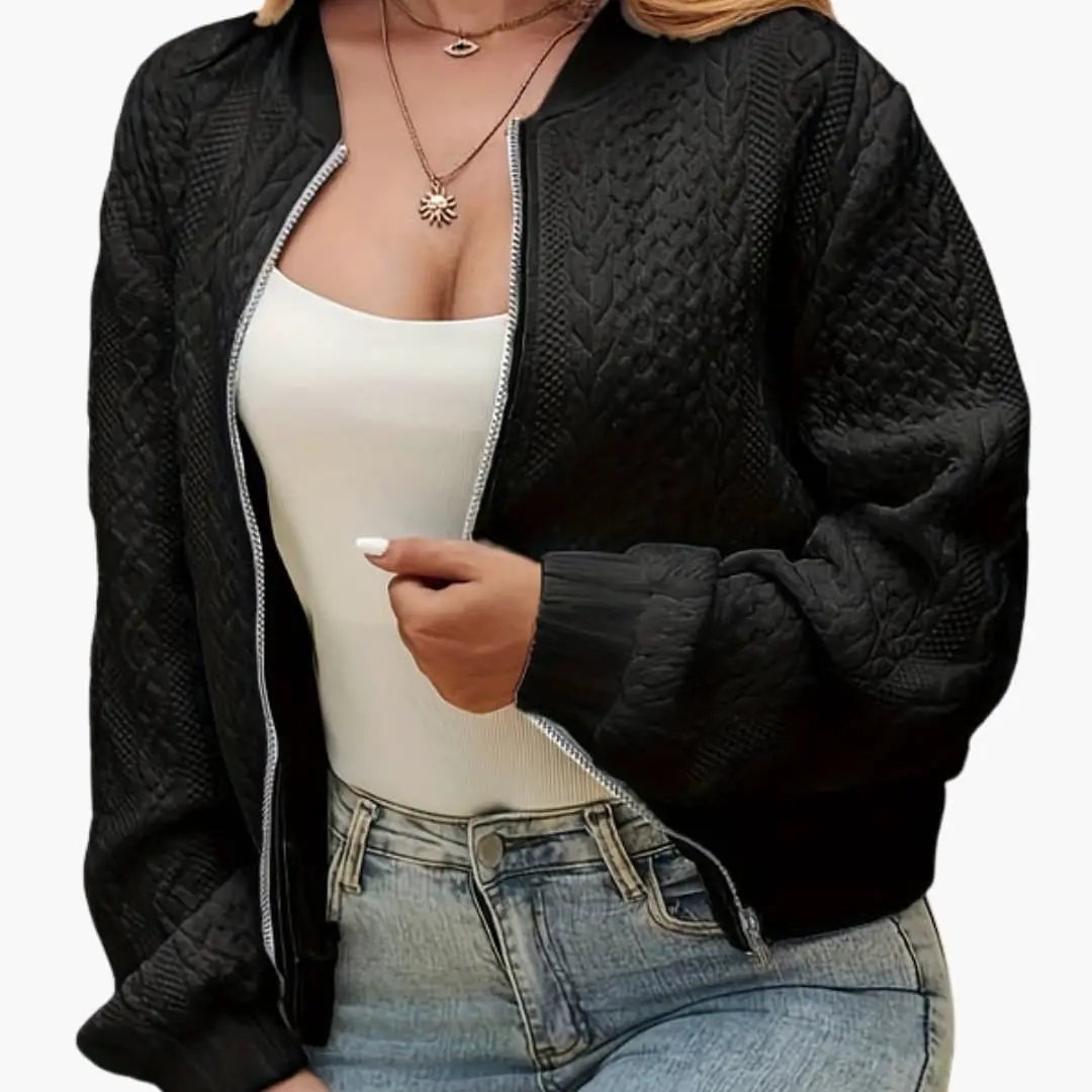 Women's bomber jacket in black textured cotton-blend with quilted pattern and stand-up collar.