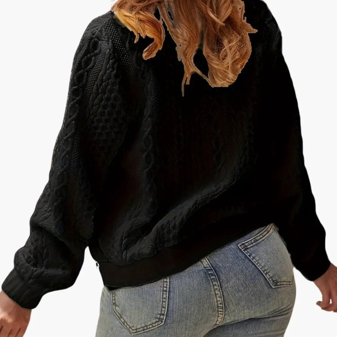Women's textured bomber jacket in black cotton-blend with stand-up collar
