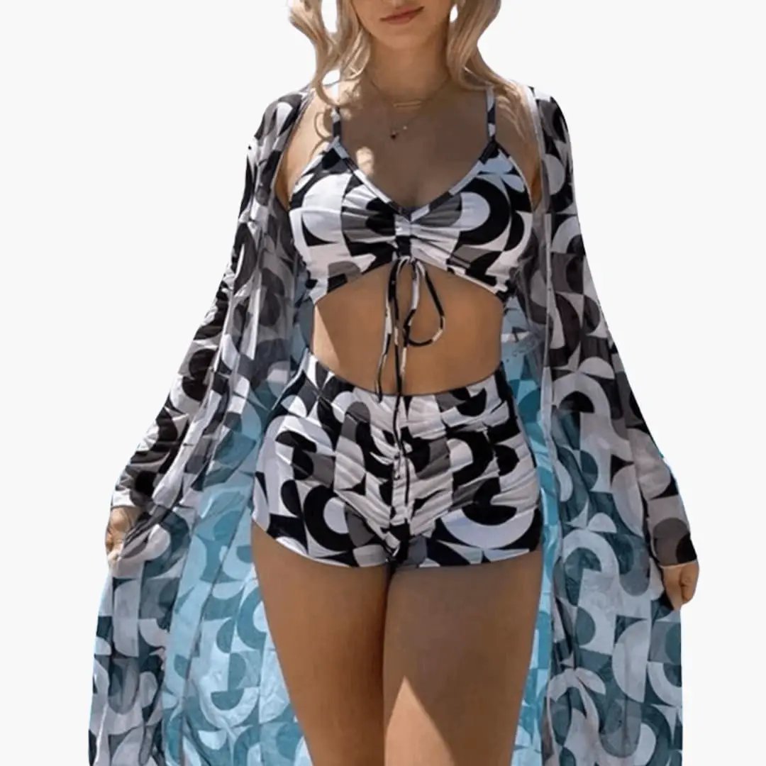 Women’s three-piece bikini set with V-neck ruched top, drawstring front, high-waisted bottoms, and sheer black-and-white cover-up
