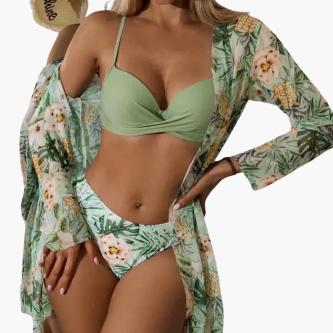 Women’s three-piece high-waisted bikini set with kimono cover-up; mint-green top, floral-print bottoms, and matching cover-up