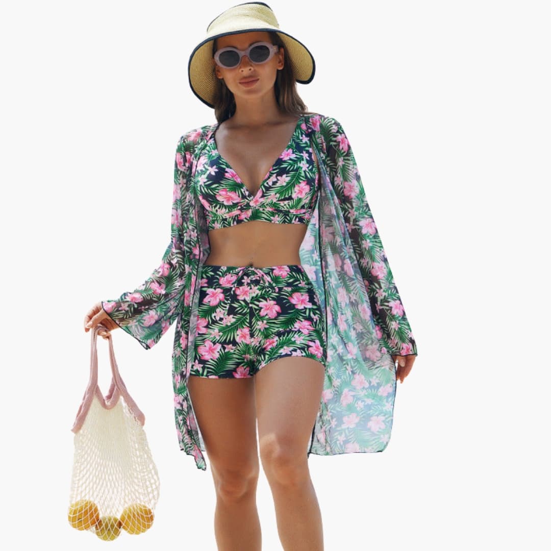 Women’s Three-Piece Printed Bikini Set with Padded Top in tropical green and pink floral print by Wilfred Smith
