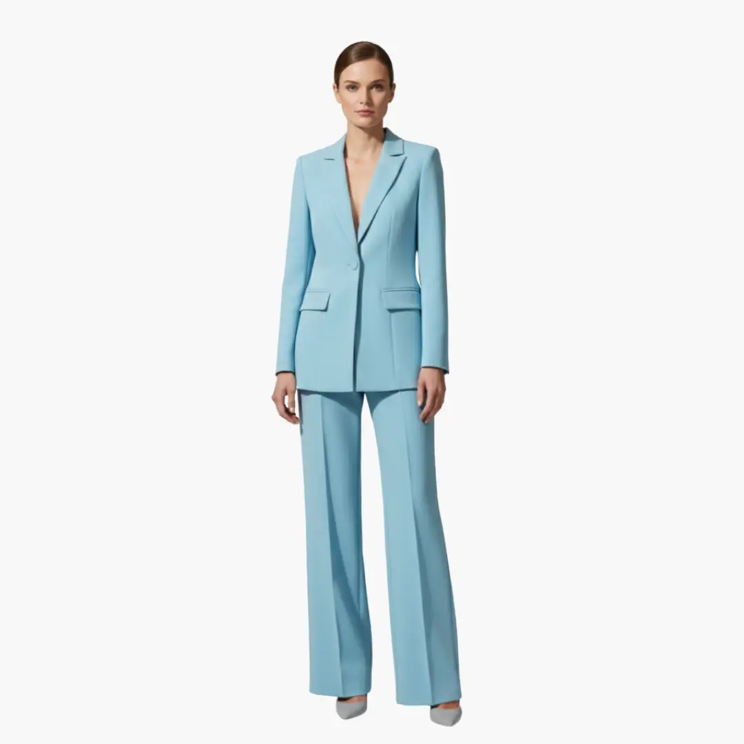 Women's wedding two-piece blazer and pants suit set by Wilfred Smith in light blue