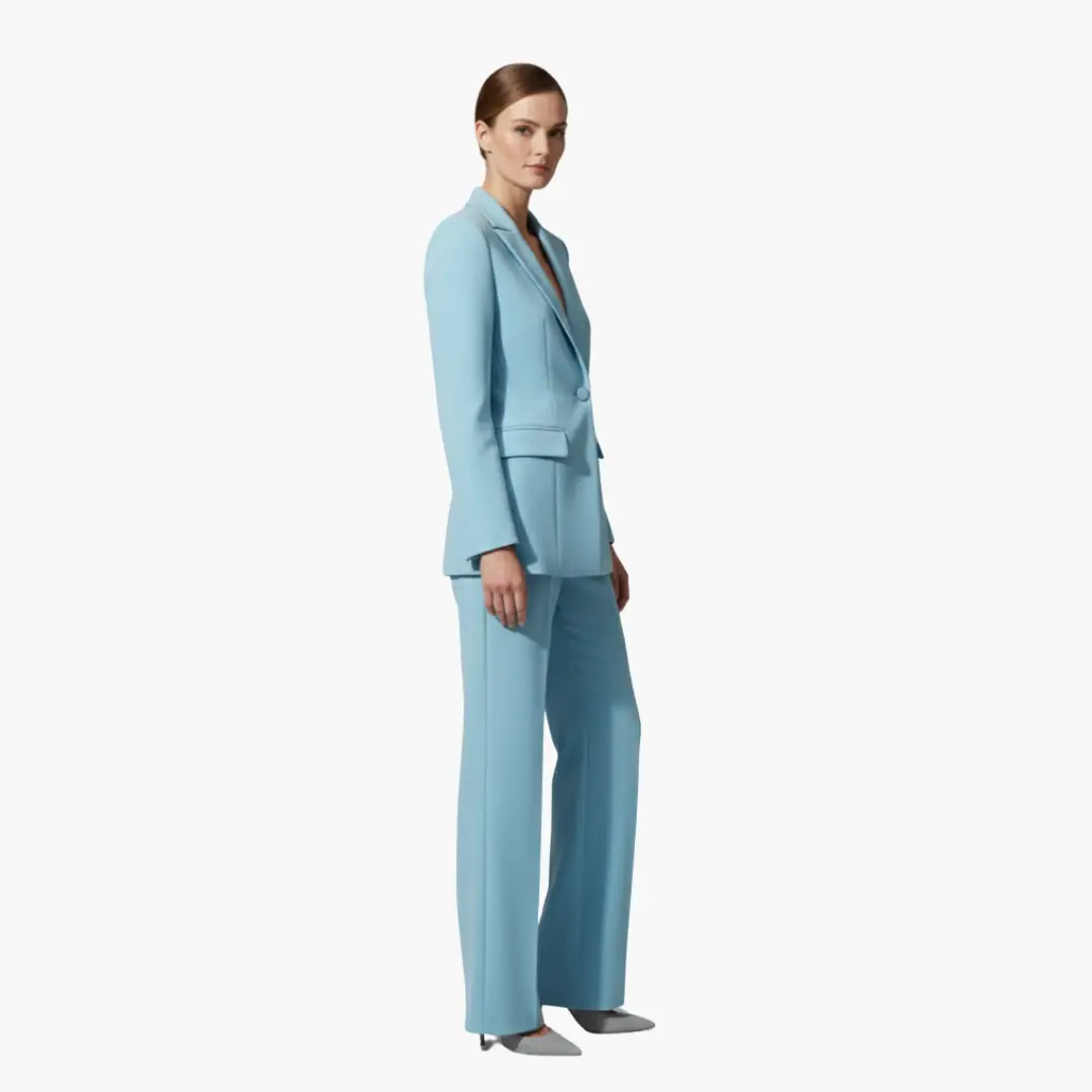 Women's wedding two-piece blazer and pants suit set in light blue by Wilfred Smith