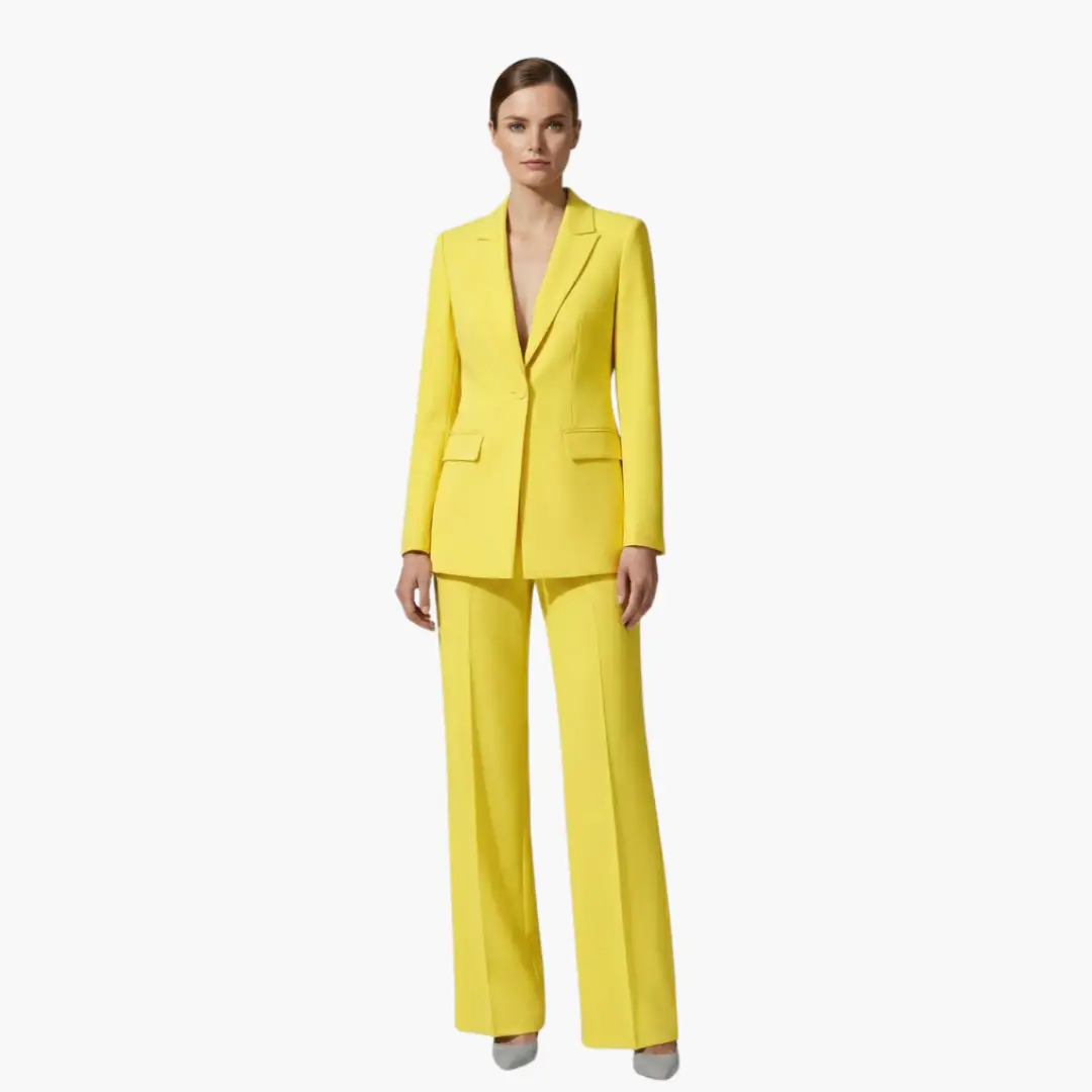Women's wedding two-piece blazer and pants suit by Wilfred Smith, yellow