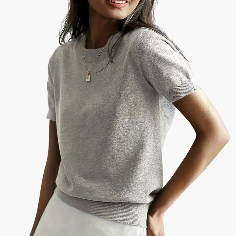 Women's short-sleeve knit top in light gray by Wilfred Smith, lightweight fabric.
