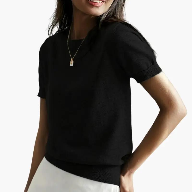 Women's black short-sleeve knit top with lightweight fabric for summer wear.