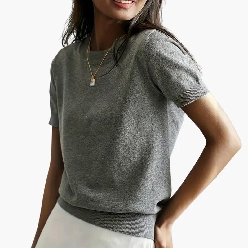 Women's short-sleeve gray lightweight knit top for everyday wear