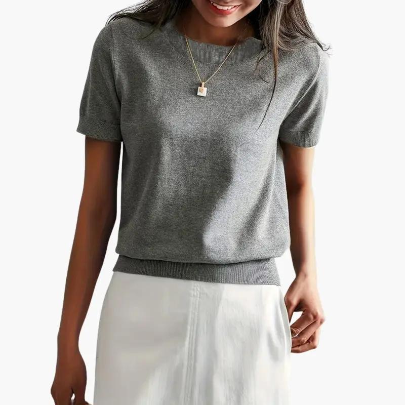 Wilfred Smith women's short-sleeve gray knit top with ribbed hem in lightweight fabric
