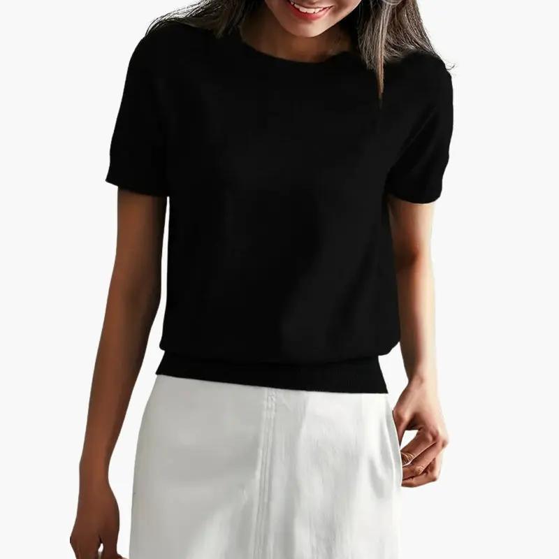 Women's top with short sleeves in black lightweight knit fabric
