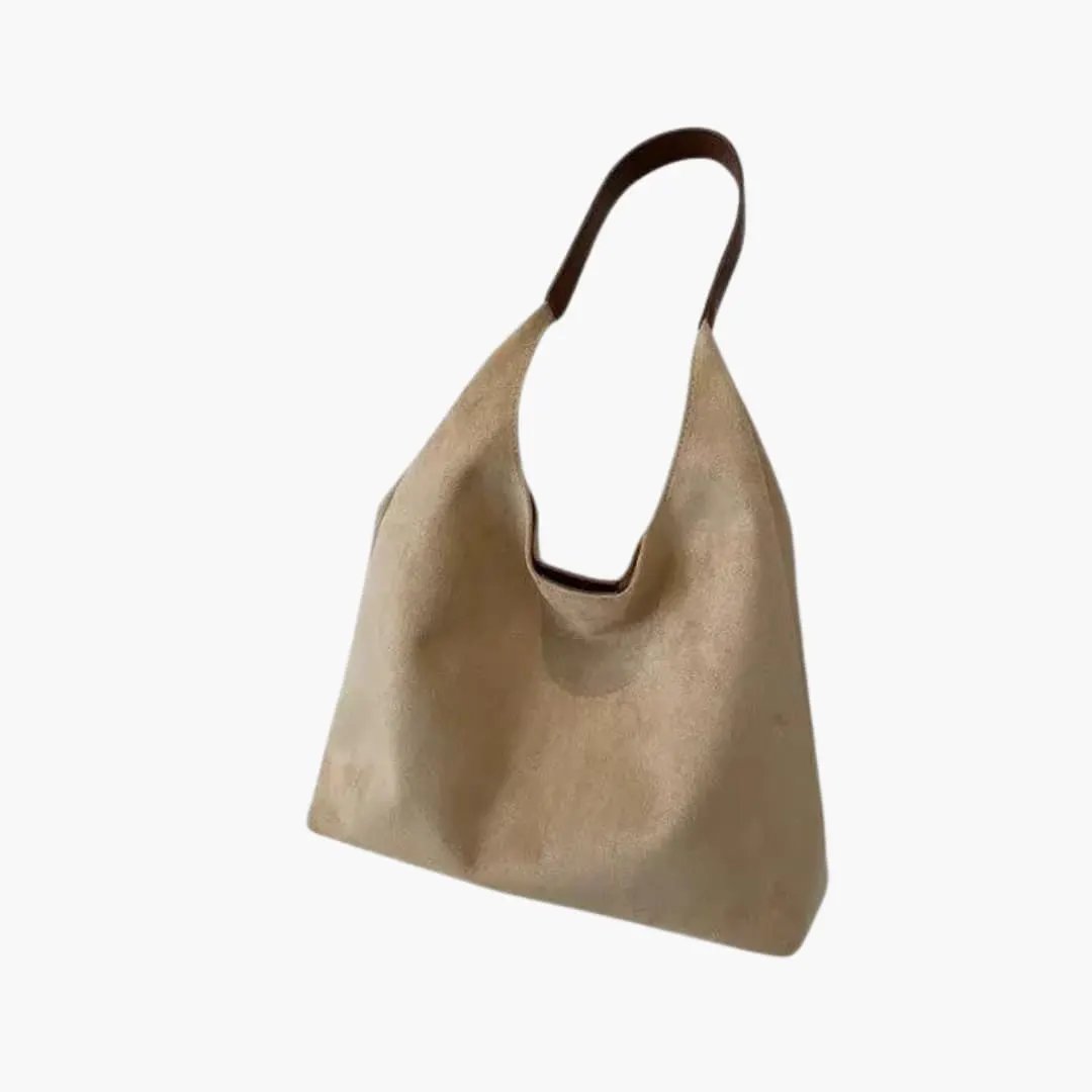 Women's tote bag in tan with a dark brown shoulder strap, shopper bag.
