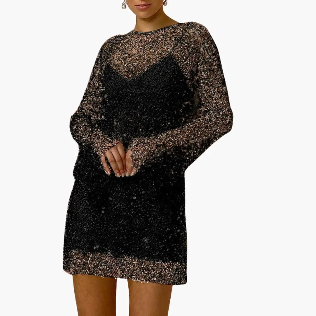 Women’s Two-Piece Dress with sheer mesh overlay, black mini dress