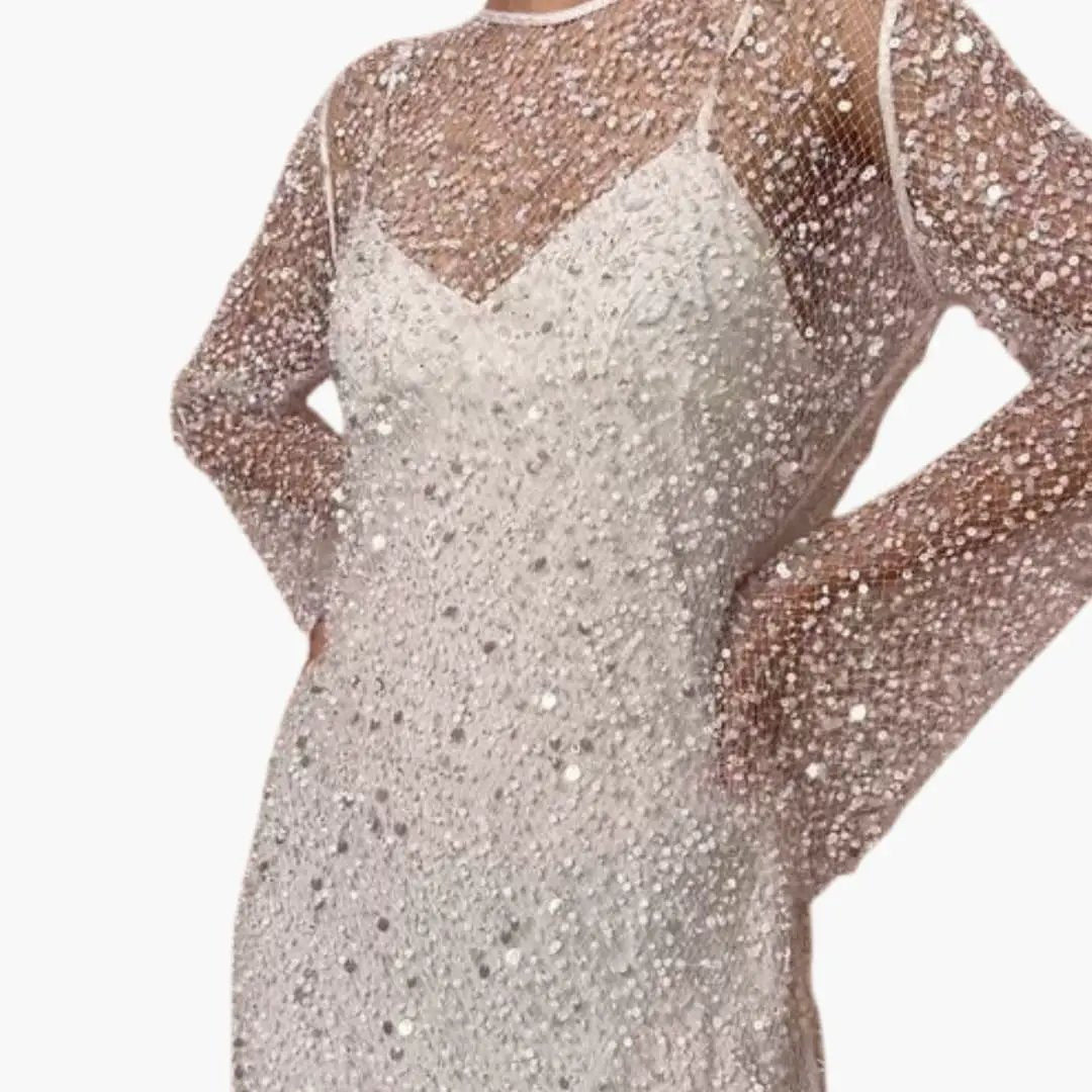 Women's two-piece dress with sheer mesh and sling straps, silver sequins