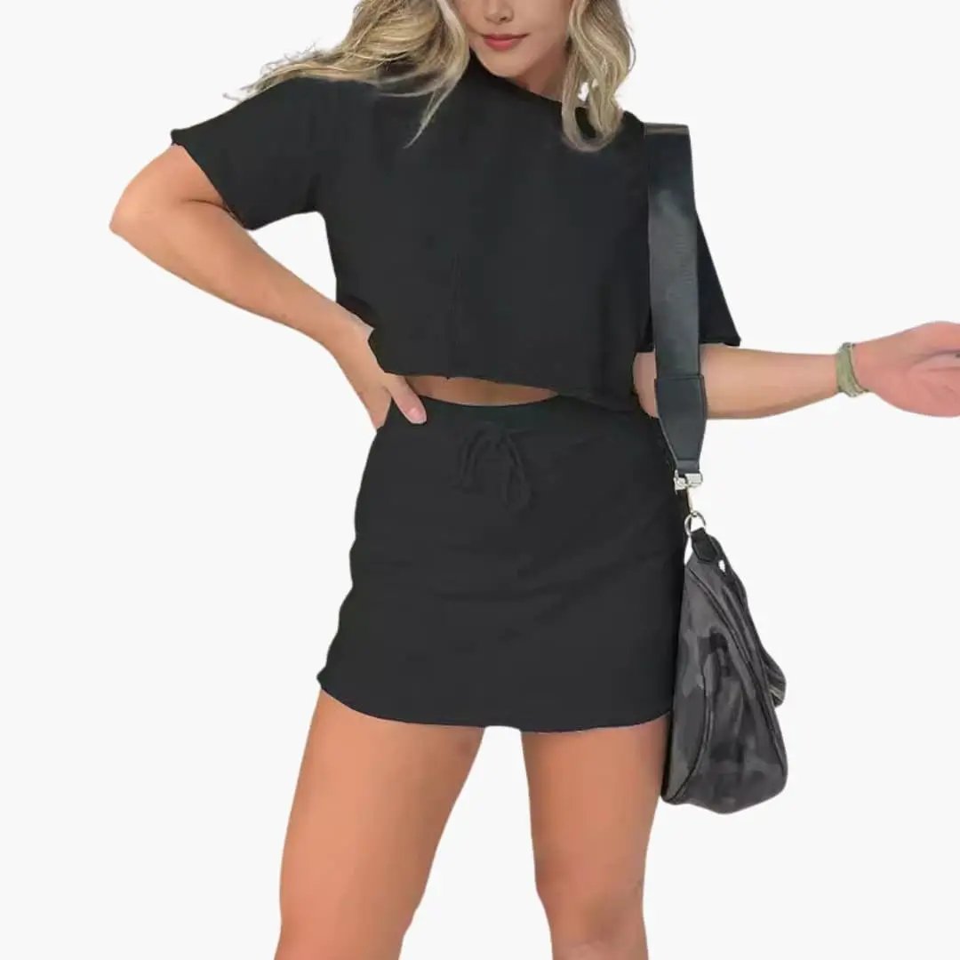 Women's Two-Piece Set in black with crop top and drawstring waist skirt