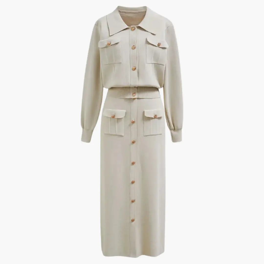Women's beige two-piece jacket and skirt set with button-front, chest and skirt pockets, ribbed waistband.