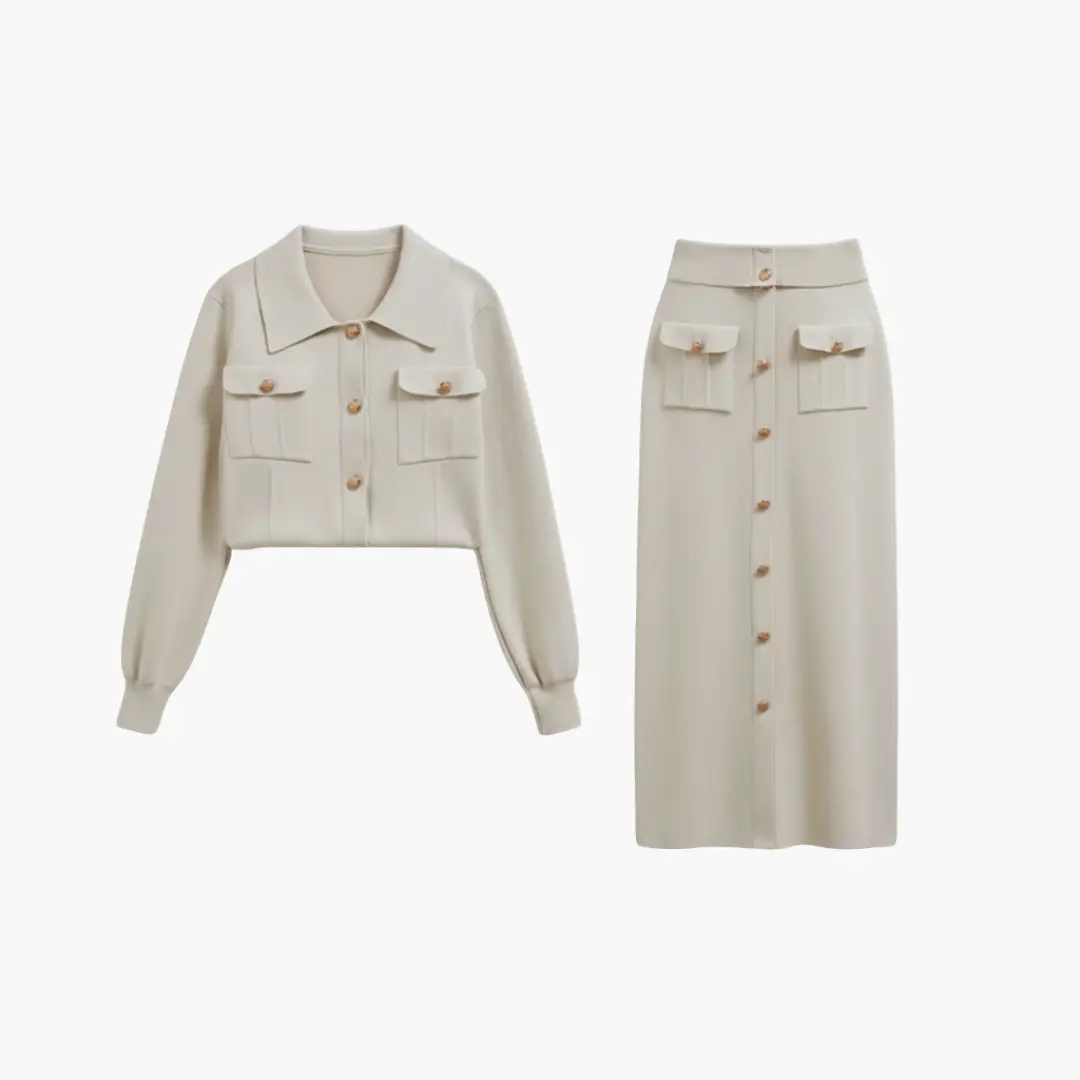 Cream two-piece set with cropped jacket and button-front midi skirt featuring front pockets