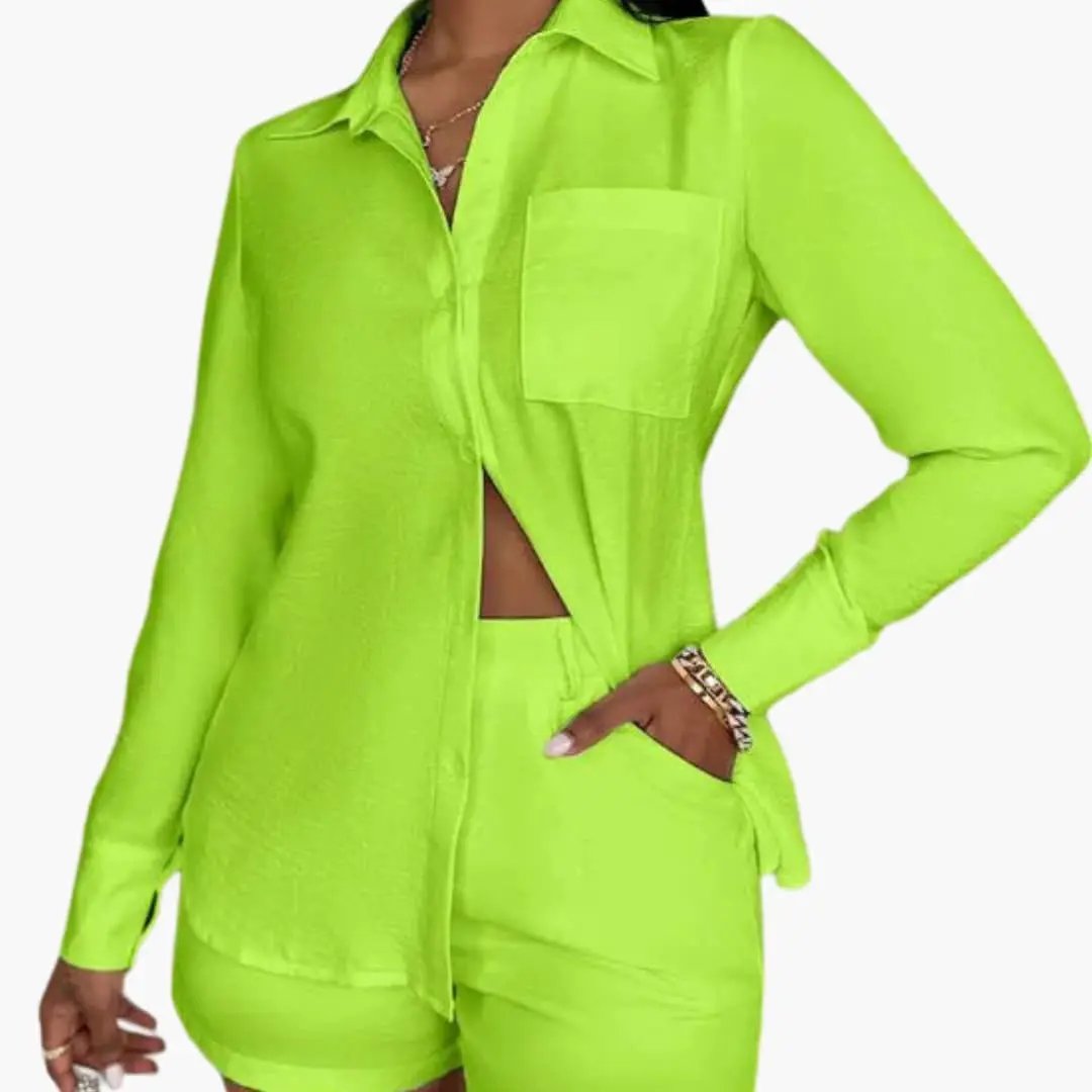 Women's two-piece outfit with blazer and shorts in neon lime by Wilfred Smith