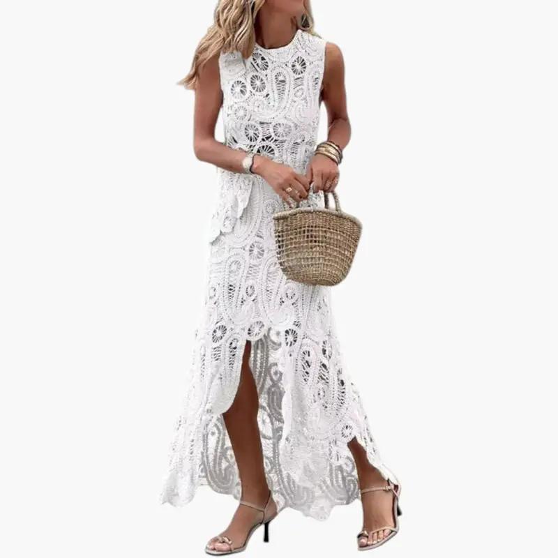 Women's two-piece white openwork lace outfit set by Wilfred Smith with an asymmetrical design.