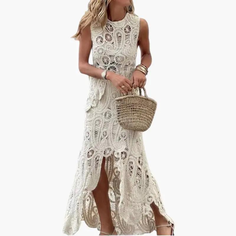 Women's two-piece openwork crochet maxi set in cream by Wilfred Smith, summer outfit.