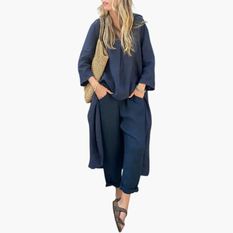 Women's navy two-piece set with short-sleeve top and full-length pants