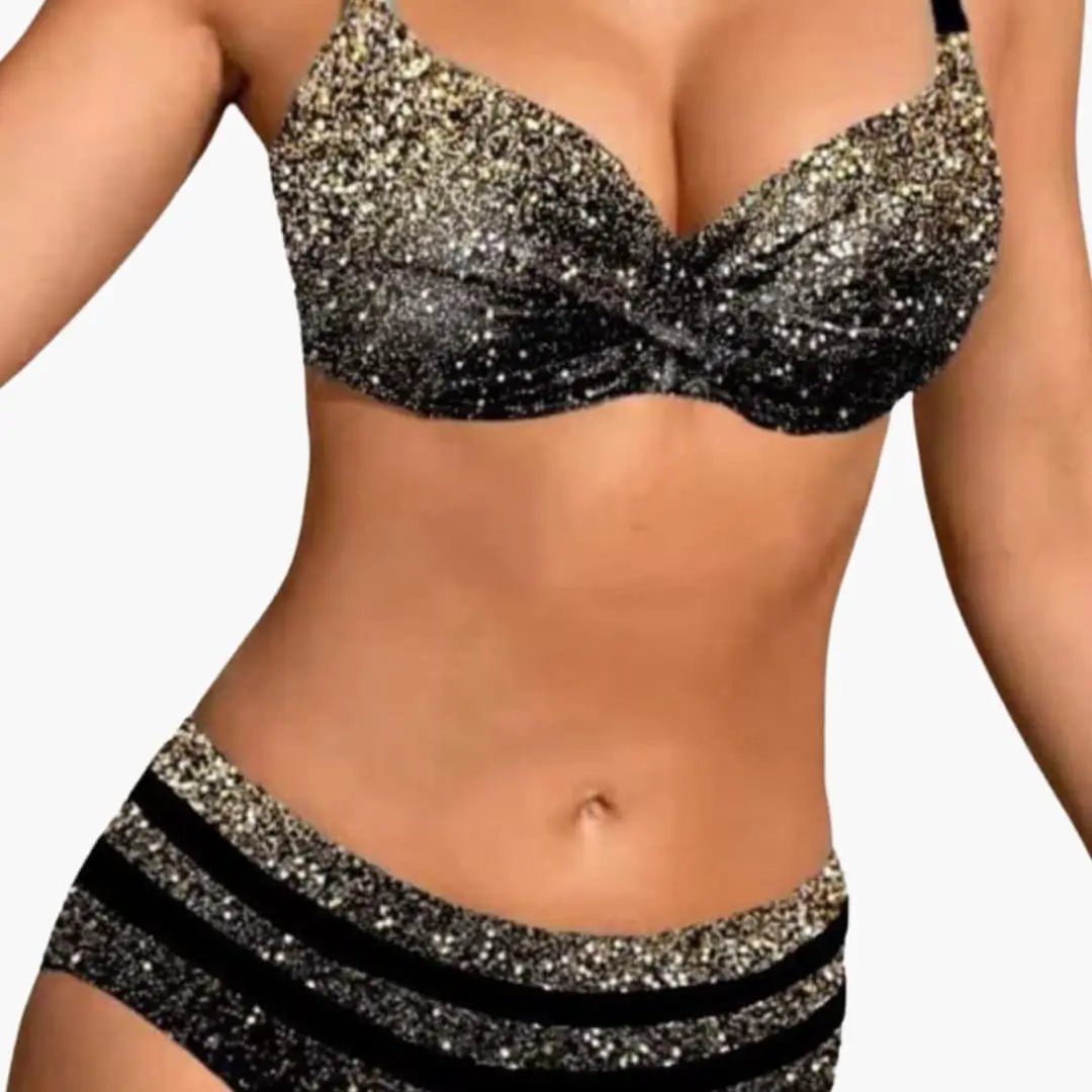 Women’s underwire high-waisted tropical-print bikini set, black-gold glittery top and matching bottom.