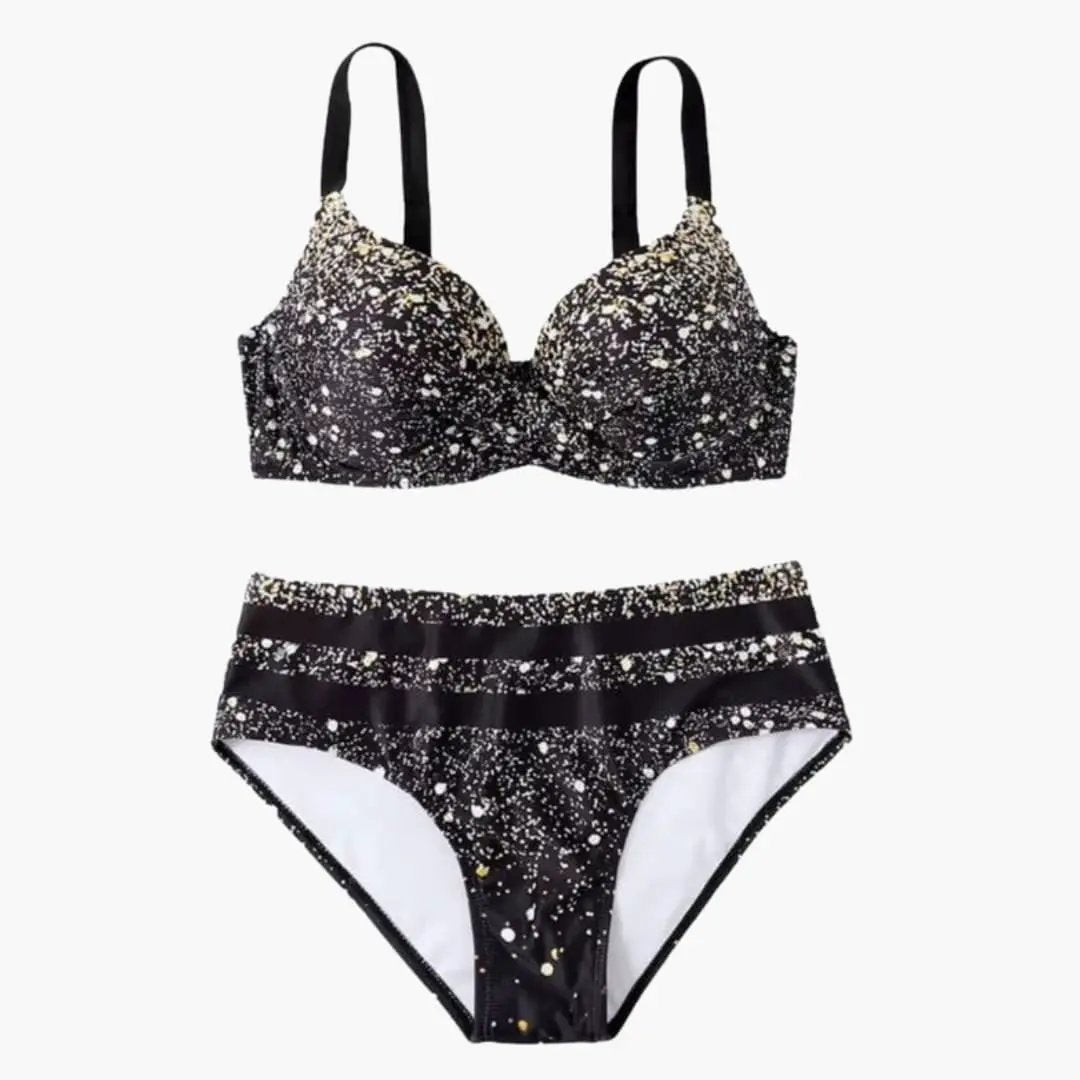 Women’s underwire high-waisted tropical print bikini set, black with gold speck print, top and high-waisted bottom.