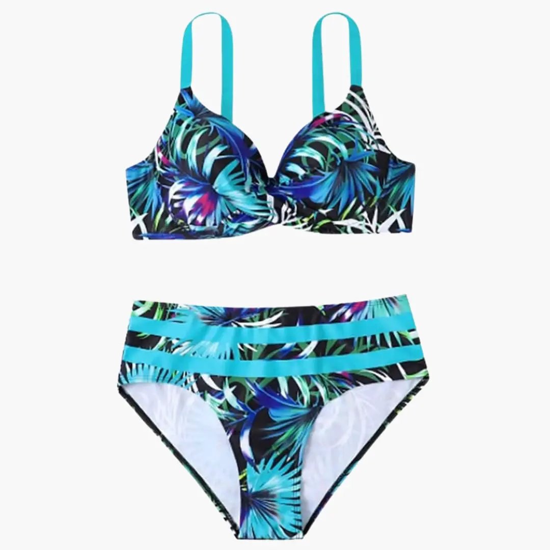 Women’s underwire high-waisted tropical print bikini set with turquoise straps