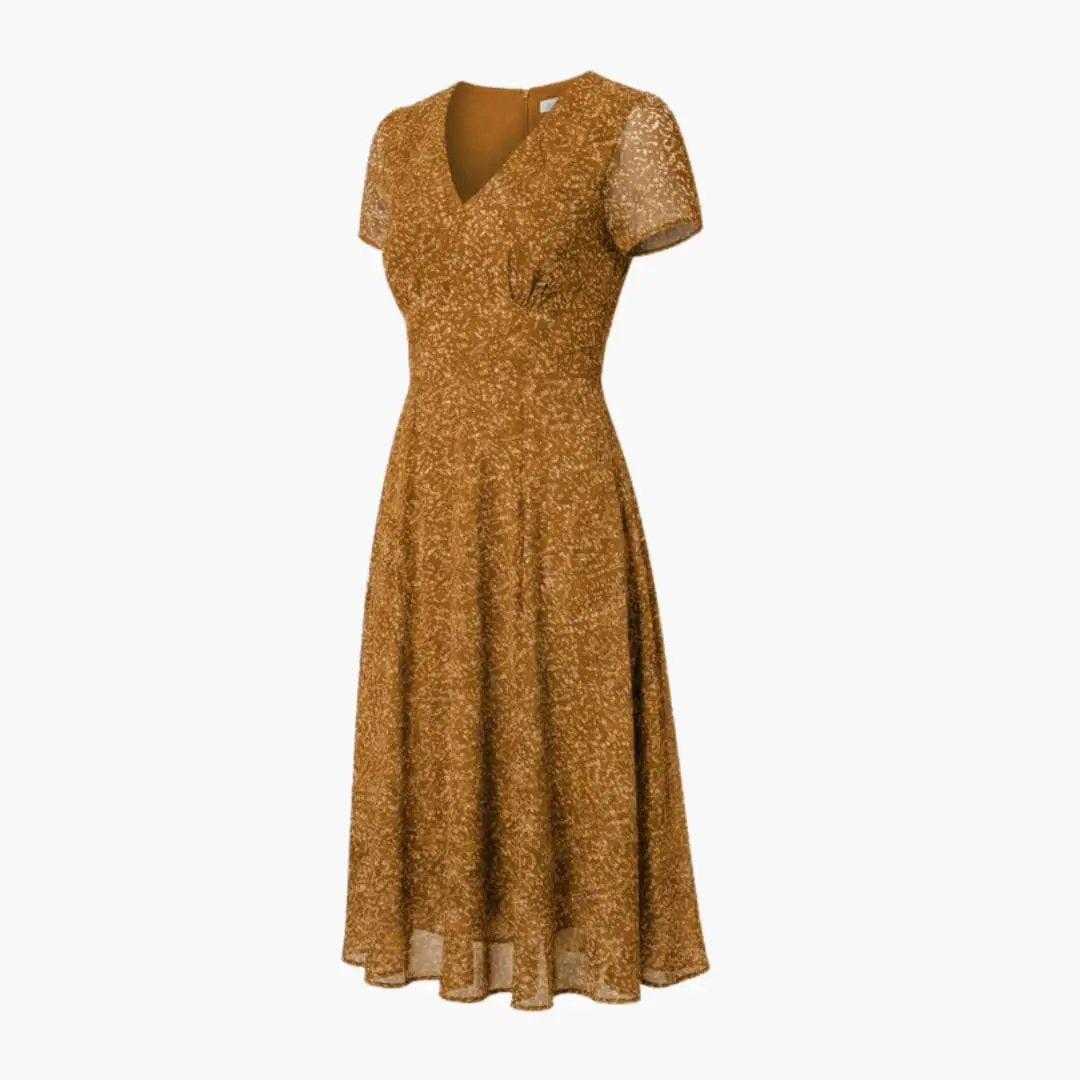 Wilfred Smith Women’s V-neck A-line dress with short sheer sleeves and flared hem in mustard print