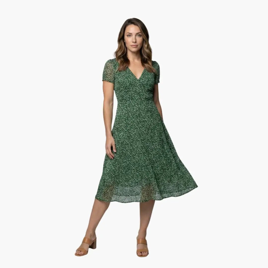 Women's V-neck A-line dress with short sleeves and flared hem in green floral print