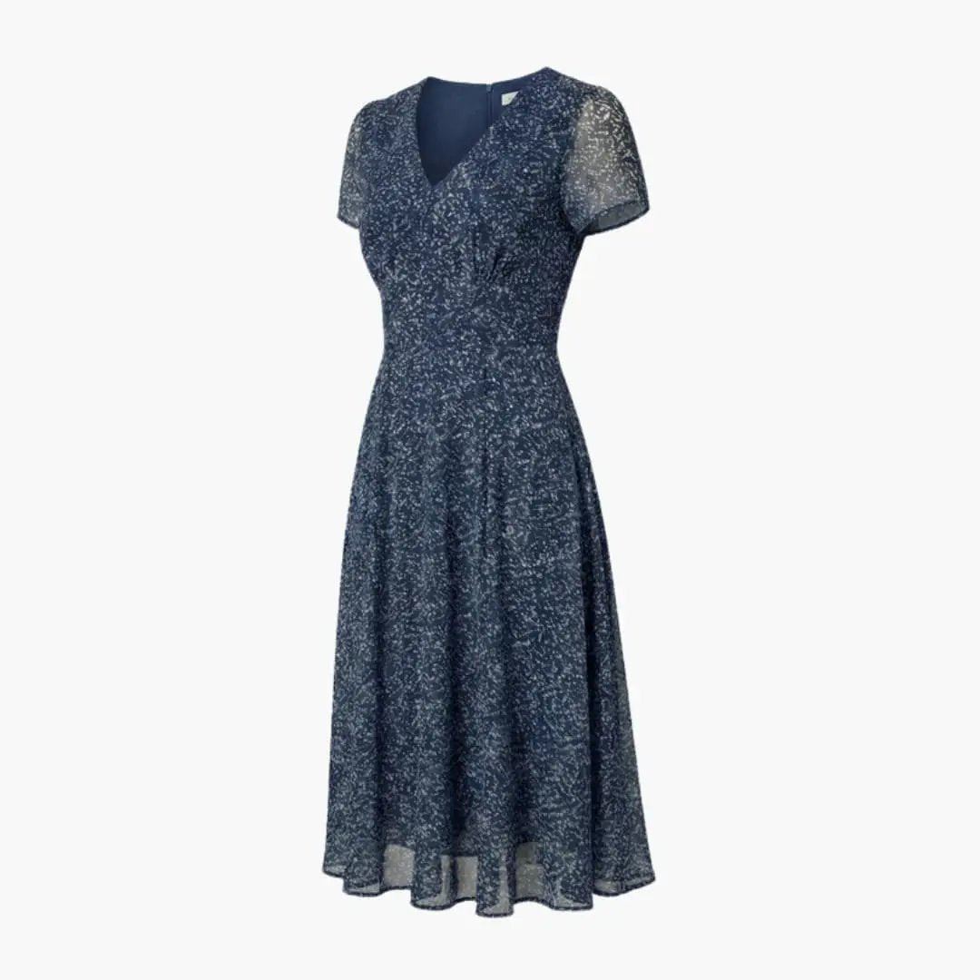 Wilfred Smith women's dress, navy V-neck A-line with short sleeves and flared hem