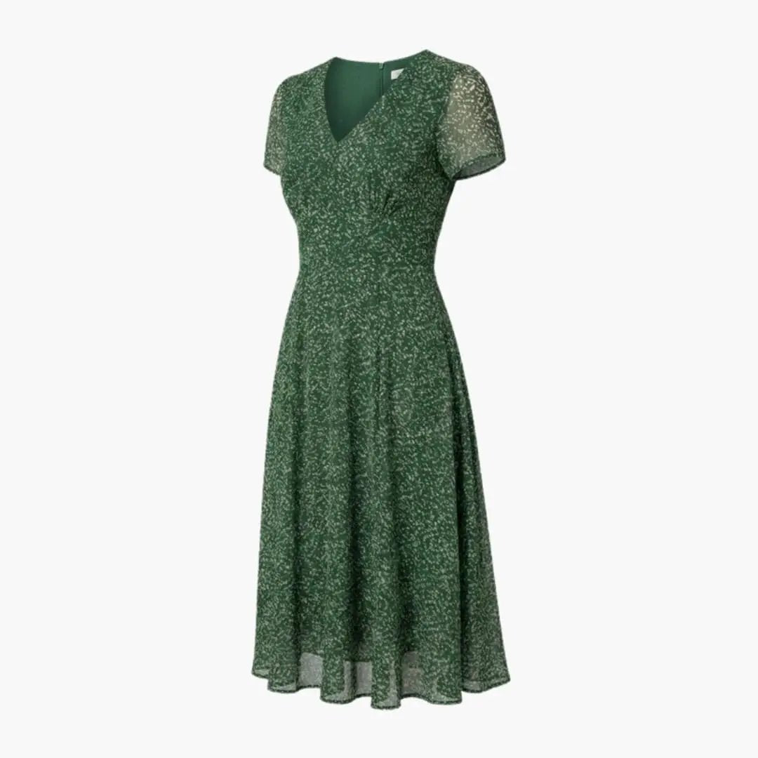 Women's V-neck A-line dress with short sleeves and flared hem in green ditsy print