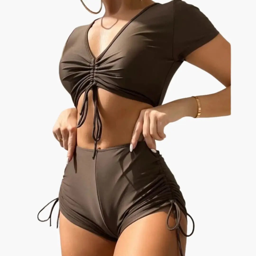 Women’s olive-brown two-piece bikini set with V-neck ruched top and high-rise ruched-side shorts