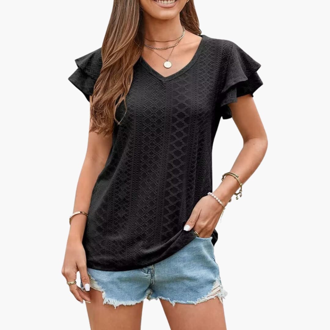 Women’s V-neck eyelet ruffle-sleeve textured T-shirt in black by Wilfred Smith